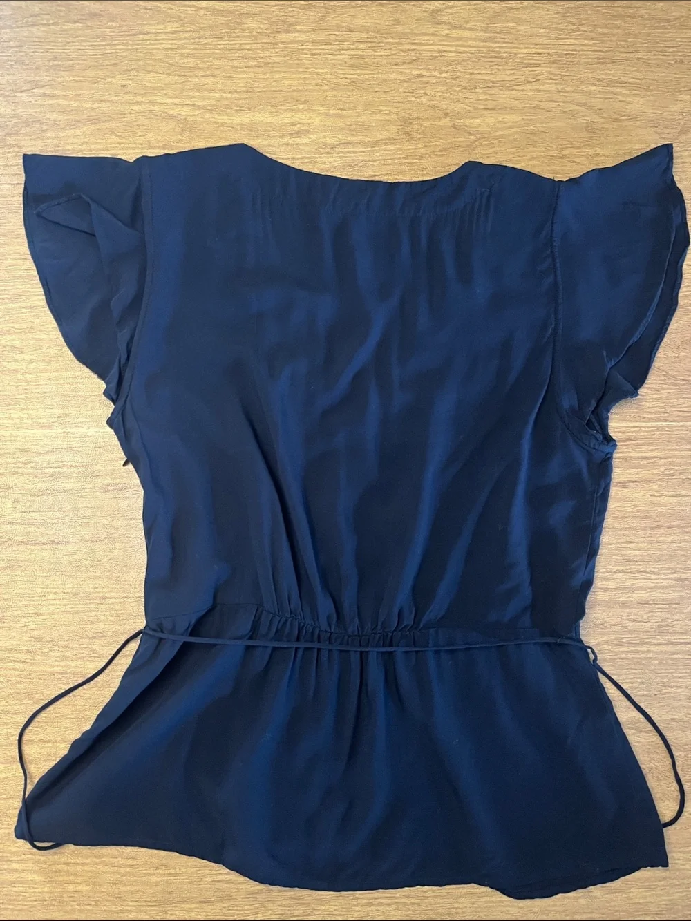 J by J. Crew Black V-Neck Peplum Blouse with Flutter Sleeves, Faux Wrap, Sz 6